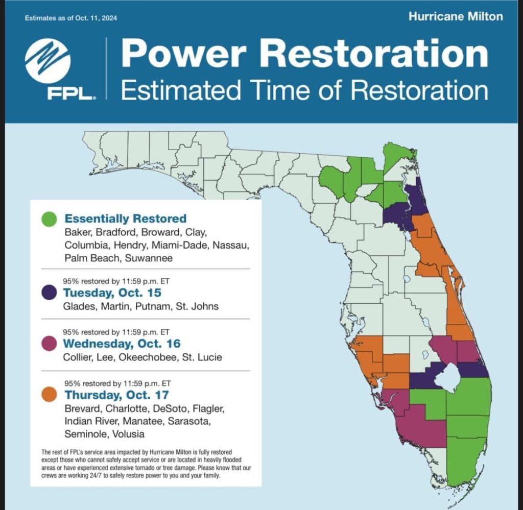 A map of florida showing expected time for power restoration and where resources are needed.