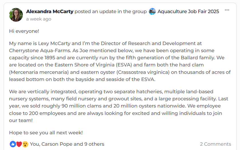 Lexy McCarty from Cherrystone Aqua-Farms, one of the featured employers at the Aquaculture Job Fair, introduces herself with a post in the AIE job fair group.